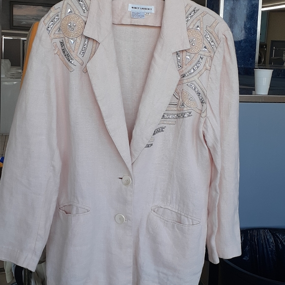 TRUE VTG 80's PINK Linen Blazer jeweled Jacket Nancy Laurence blazer size 9 / 10 - Picture 3 of 11